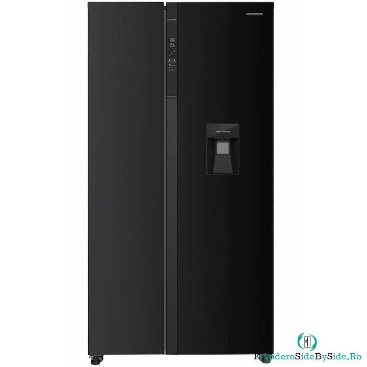 HEINNER Side by side Heinner HSBS-HM529NFBKWDE++, Capacitate 529 l, Full No Frost, Clasa E, Dispenser apa, Display LED tactil, Smart, Eco, Alarma usa deschisa, H 177 cm, Negru